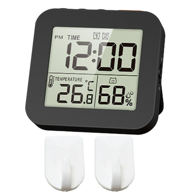Tnarru Digital Alarm Clock Digital Bathroom Clock Electronic LED Time Display Bedside Clock Temperature Display for Dormitory Office 2Pcs Hooks Black