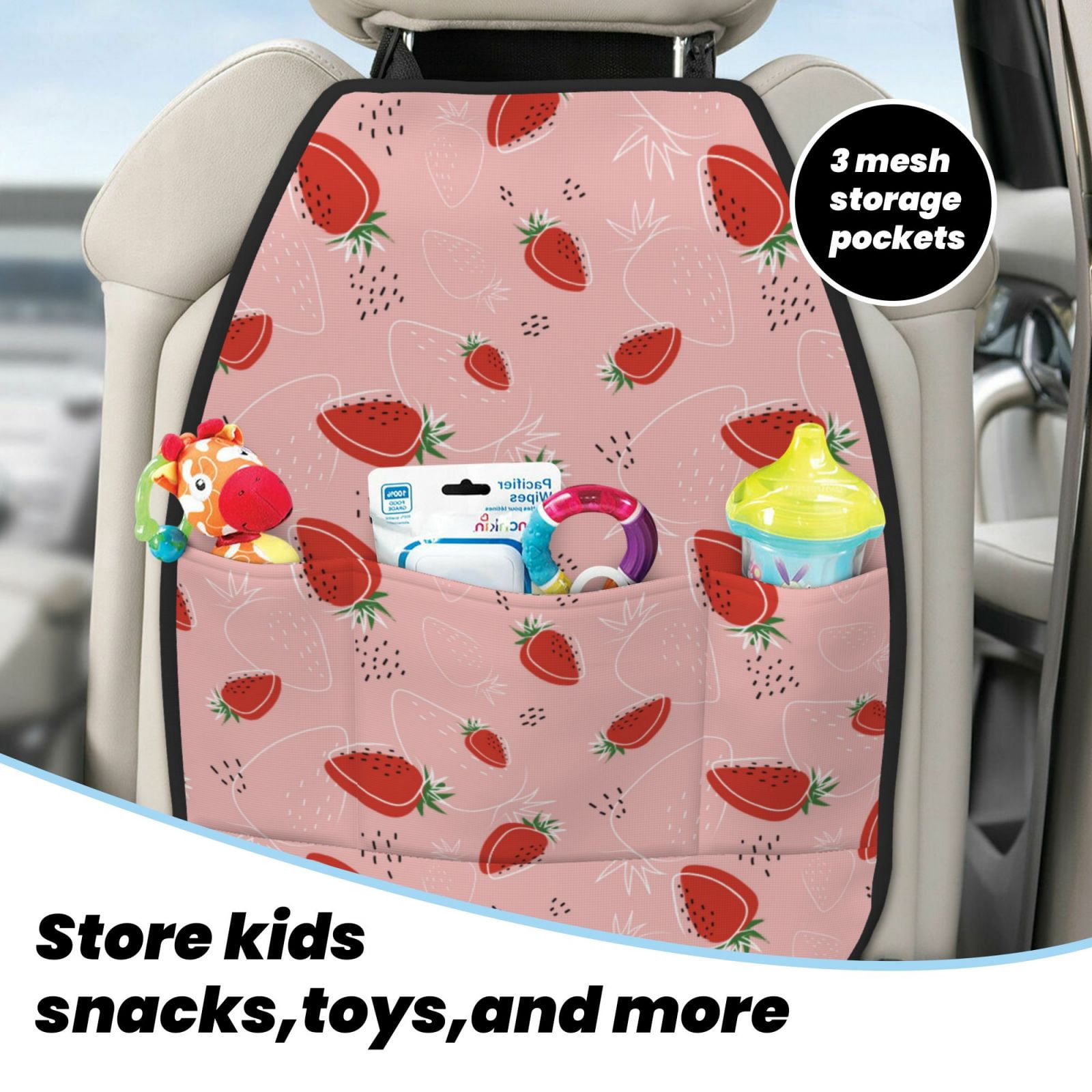 Kdxio Cute Strawberry C Print 2 Pack Car Kick Mat Seat Cover Back Protector Mat with Pockets for Organizer Backseat Protector and Storage Anti Kick Pad for Vehicles