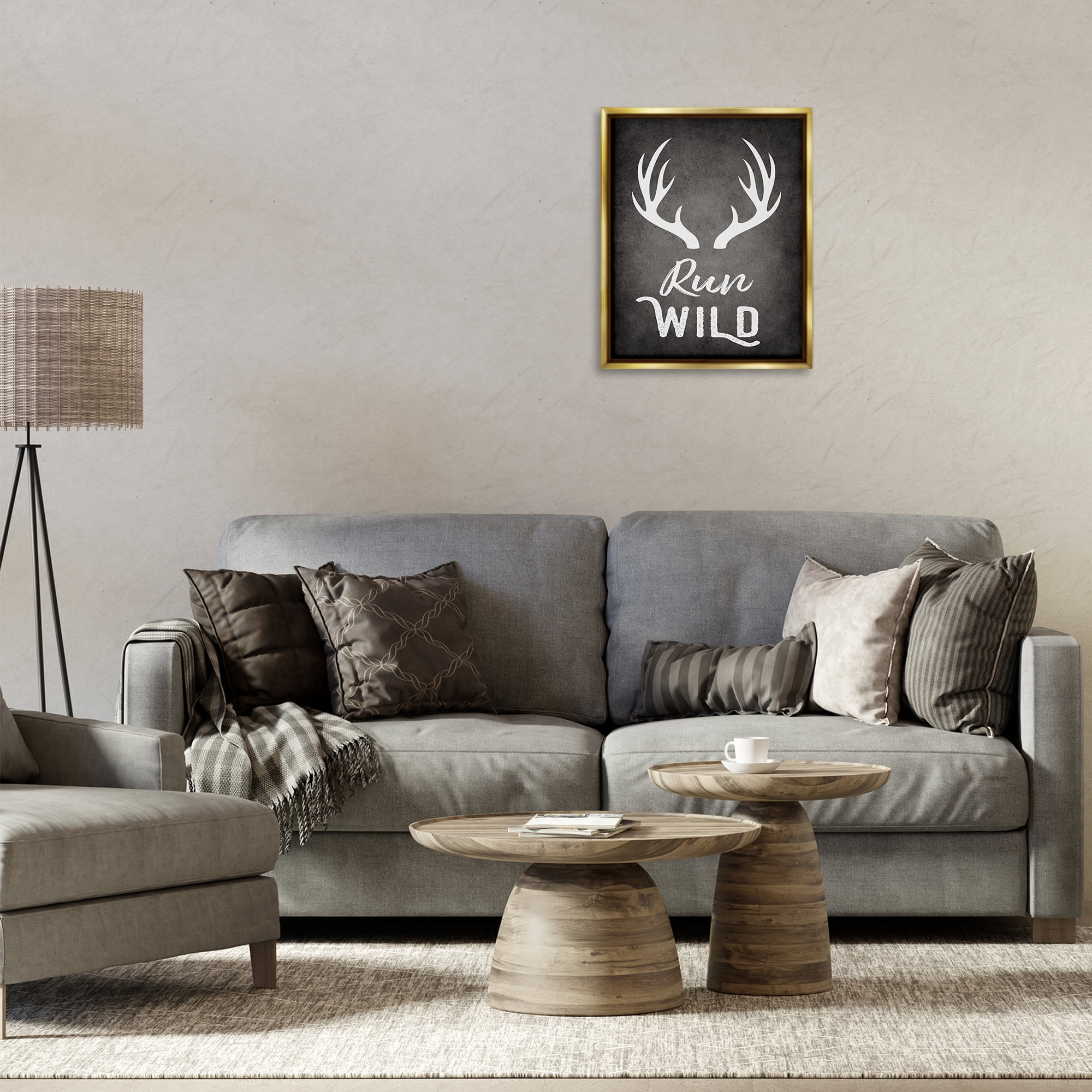Stupell Industries Run Wild Antlers Typography Painting Gold Floater Framed Canvas Art Print Wall Art, 17 x 21