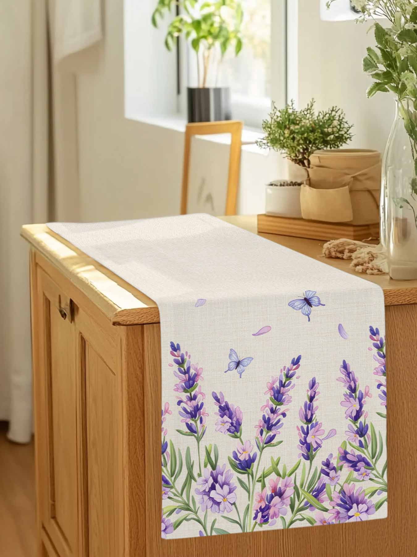Vintage Lavender on Linen Table Runner 90 Inches Long, Country Floral Art Table Runners Tabletop Scarf Kitchen Dining Tables Decoration for Home Party Indoor Outdoor