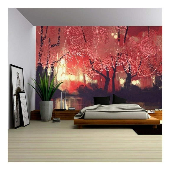 wall26 - Night Scene of Autumn Forest,Fantasy Landscape Painting - Removable Wall Mural | Self-Adhesive Large Wallpaper - 100x144 inches