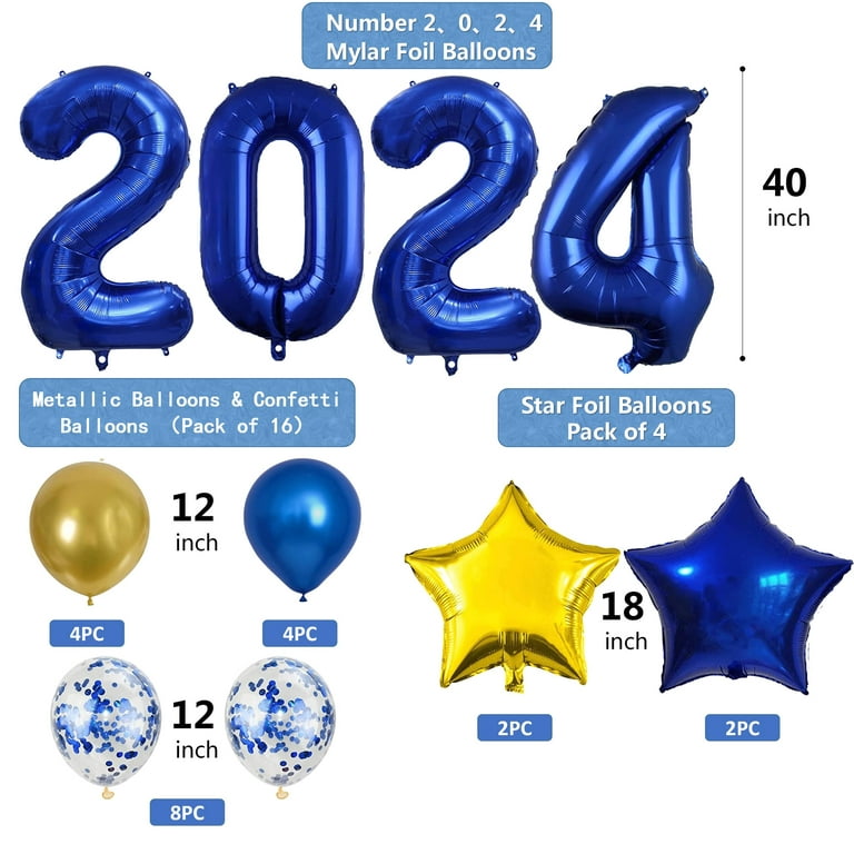 2024 Balloons 40 inch Blue Foil Number Balloons for 2024 New Year Eve Graduation Decorations Festival Party Supplies, Blue|Gold