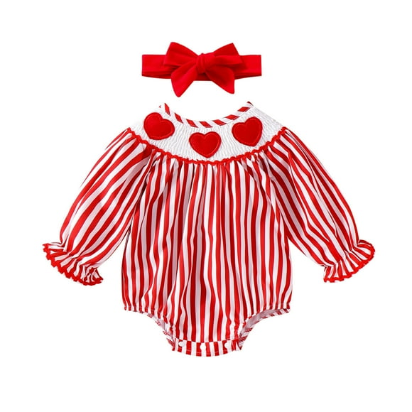 PMVFHDE Barboteuse d'Été Filles Manches Longues Saint-Valentin Rayé Cœur Imprimé Chandail Barboteuse Justaucorps&One-Pieces Rouge, 6-12 Mois