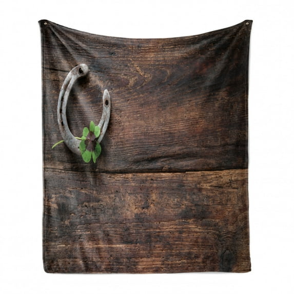 Clover Soft Flannel Fleece Throw Blanket, Rusty Horseshoe Shamrock on Weathered Wooden Backdrop, Cozy Plush for Indoor and Outdoor Use, 70" x 90", Grey Seal Brown, by Ambesonne