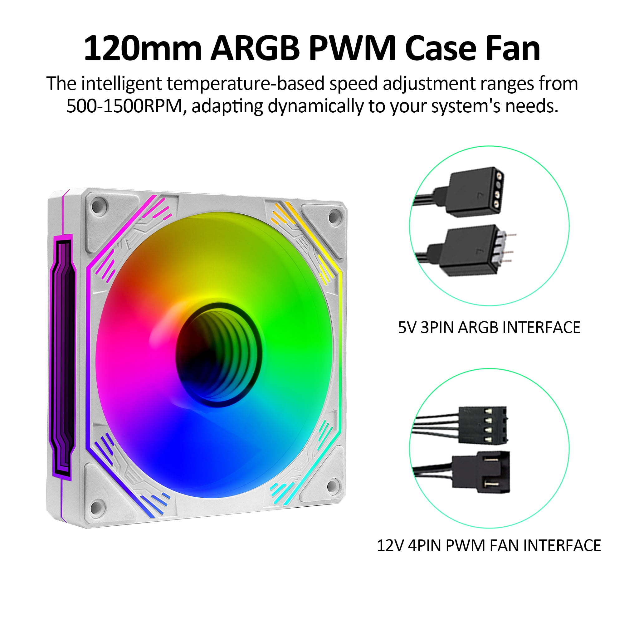 PANO-MOUNTS 120mm Reverse Airflow ARGB Fan Infinity Mirror 5V 3Pin Addressable RGB PWM PC Computer Water Cooler CPU Case Fan 600-1800RPM White 3-Pack