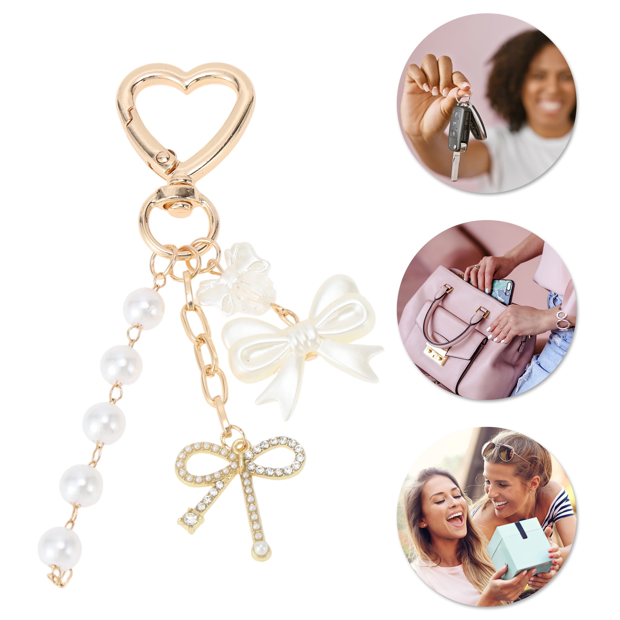 Unique Bargains Heart Bow Handbag Charm Keychain 1 Pc for Bags Gold Tone