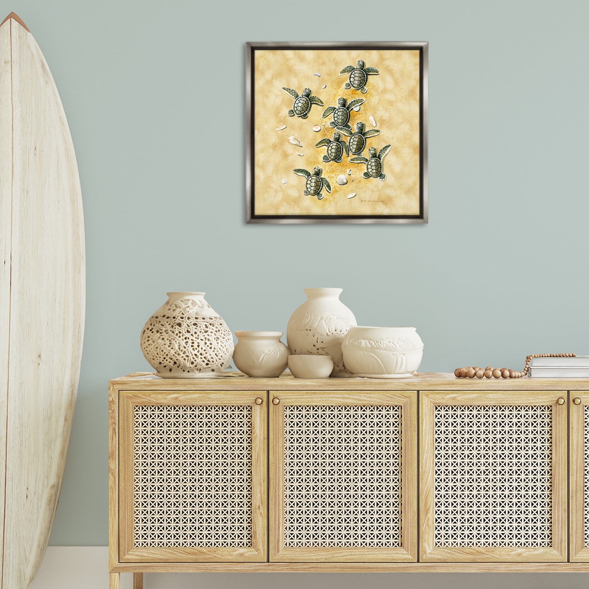 Stupell Industries Baby Sea Turtles Shore Animals Painting Gray Floater Framed Canvas Art Print Wall Art, 25 x 25