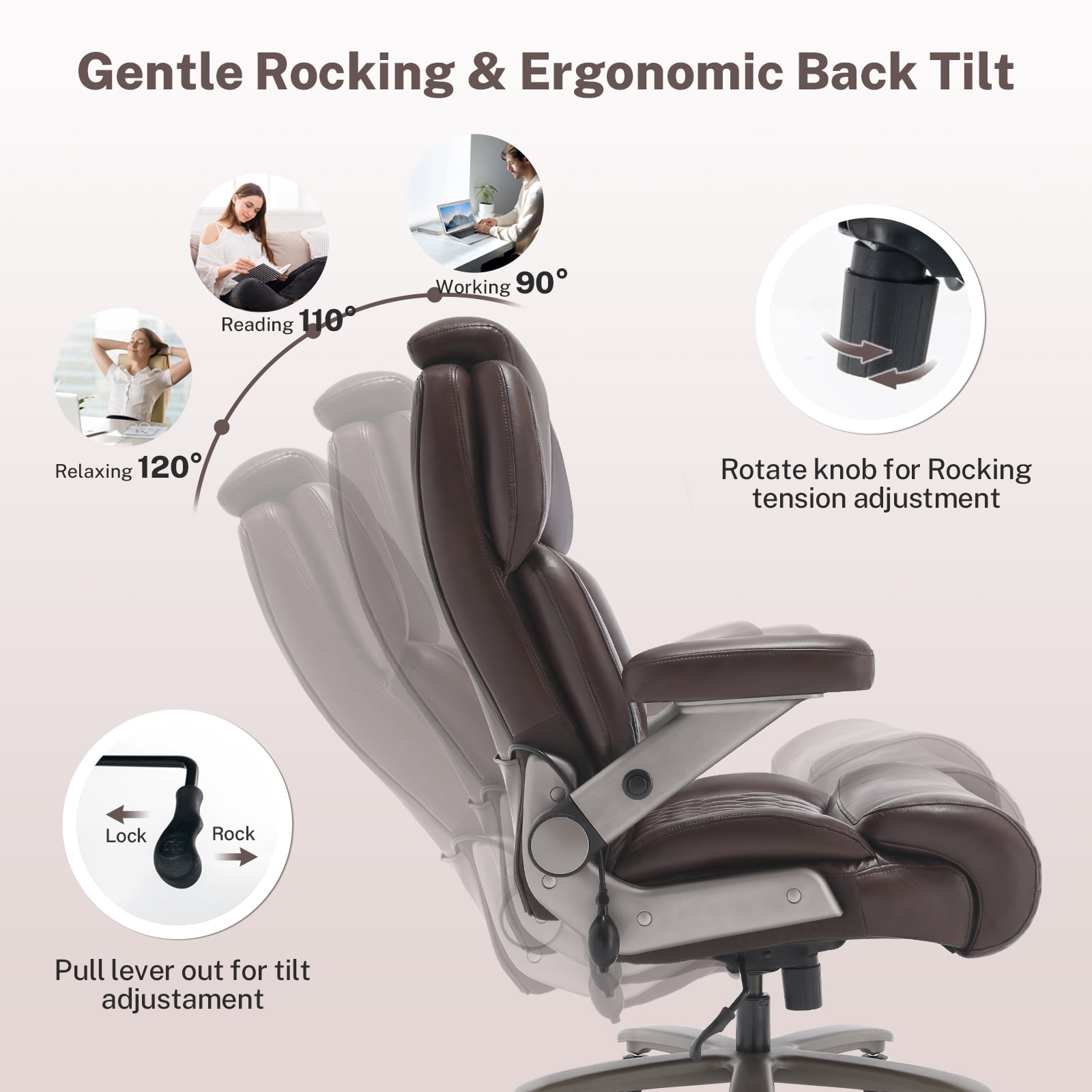 WOSDOM 700lbs Big and Tall Office Chair, Heavy Duty Executive Chair, Extra Wide Seat, Adjustable Headrest and Lumbar Support, 3D Flip up Arms, Brown