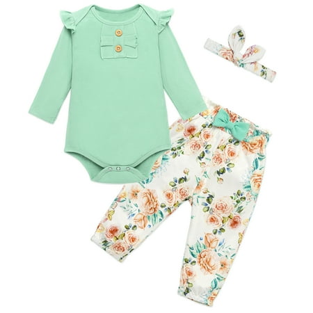 

0-6M Newborn Infant Baby Girls Outfits Set Long Sleeve Bodysuit + Flowers Pants + Headband