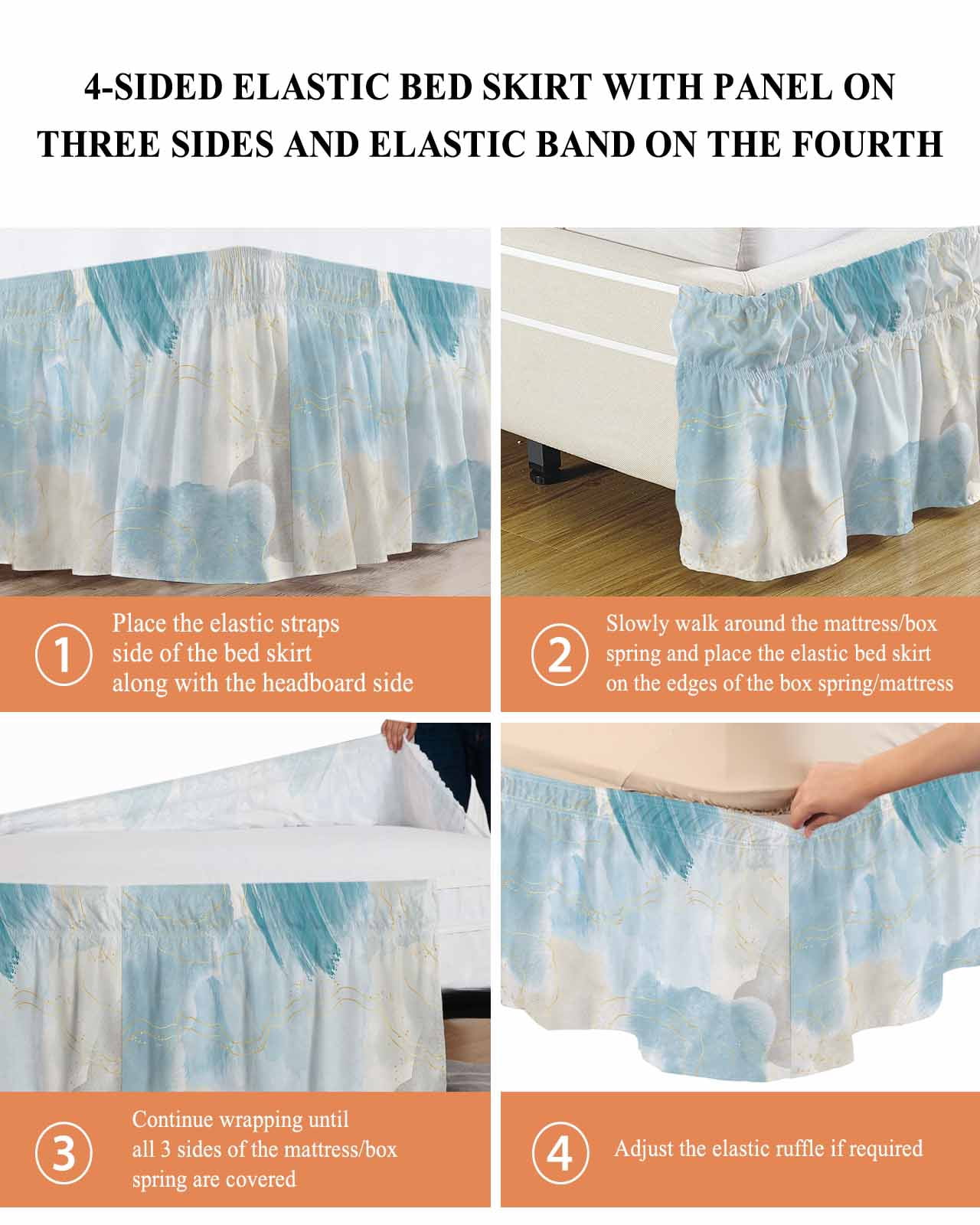Teal Ombre Marble Wrap Around Bed Skirts for King Bed 16" Drop,Bed Skirt with Adjustable Elastic Belt Dust Ruffle Bed Valance for Bedroom Hotel Yellow Modern Geometric Abstract Art Bed Frame Cover