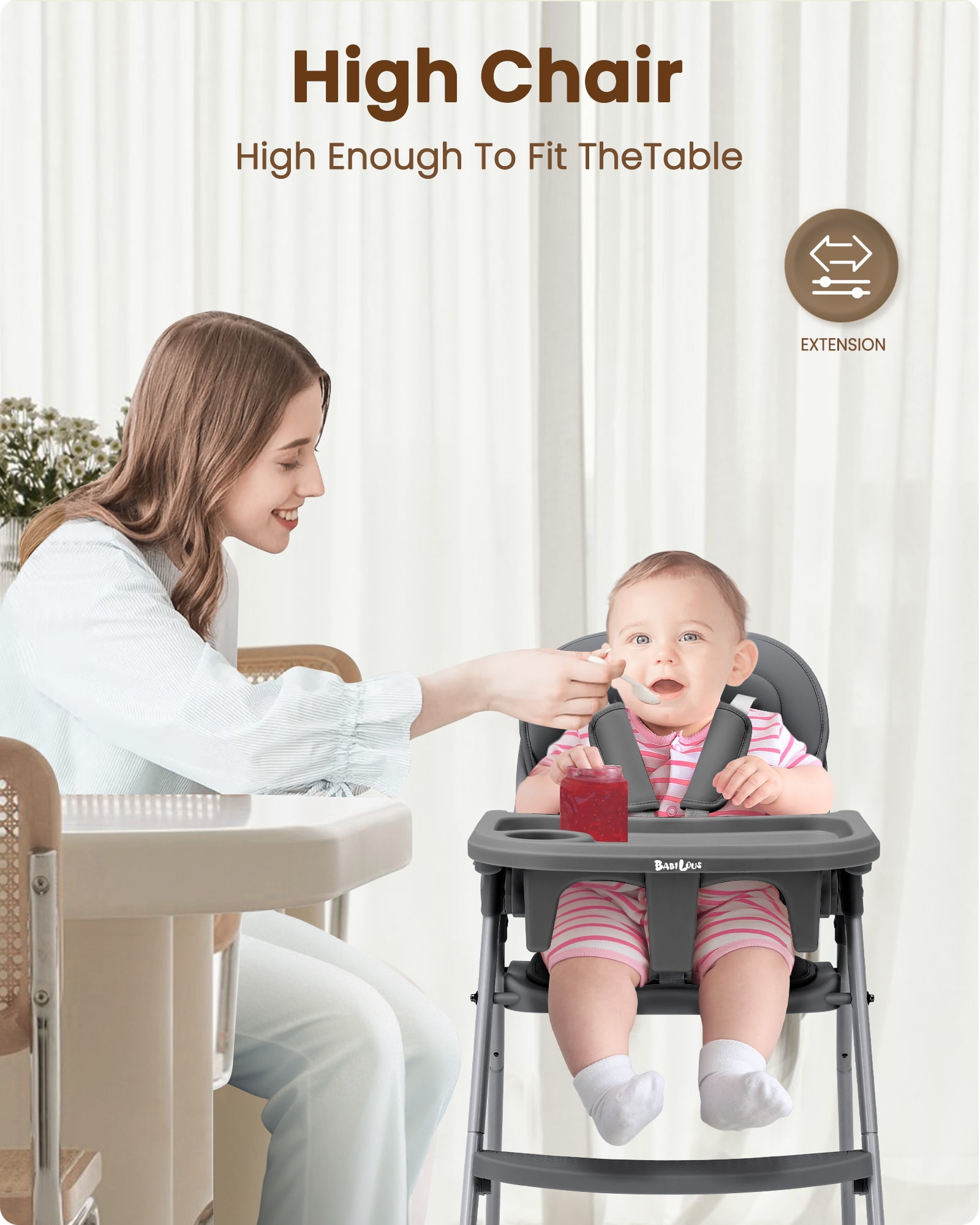 Babilous Foldable High Chair for Babies and Toddlers – Portable, Convertible High Chairs with Adjustable Tray, 5-Point Harness, and Easy-to-Clean Design