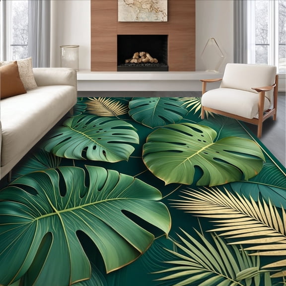 ODIKA 4'x6' Machine Washable Non-Slip Area Rug, Monstera Jungle Abstract with Large Scale Plant Inspired Graphics High Traffic Rug, Green, 149875