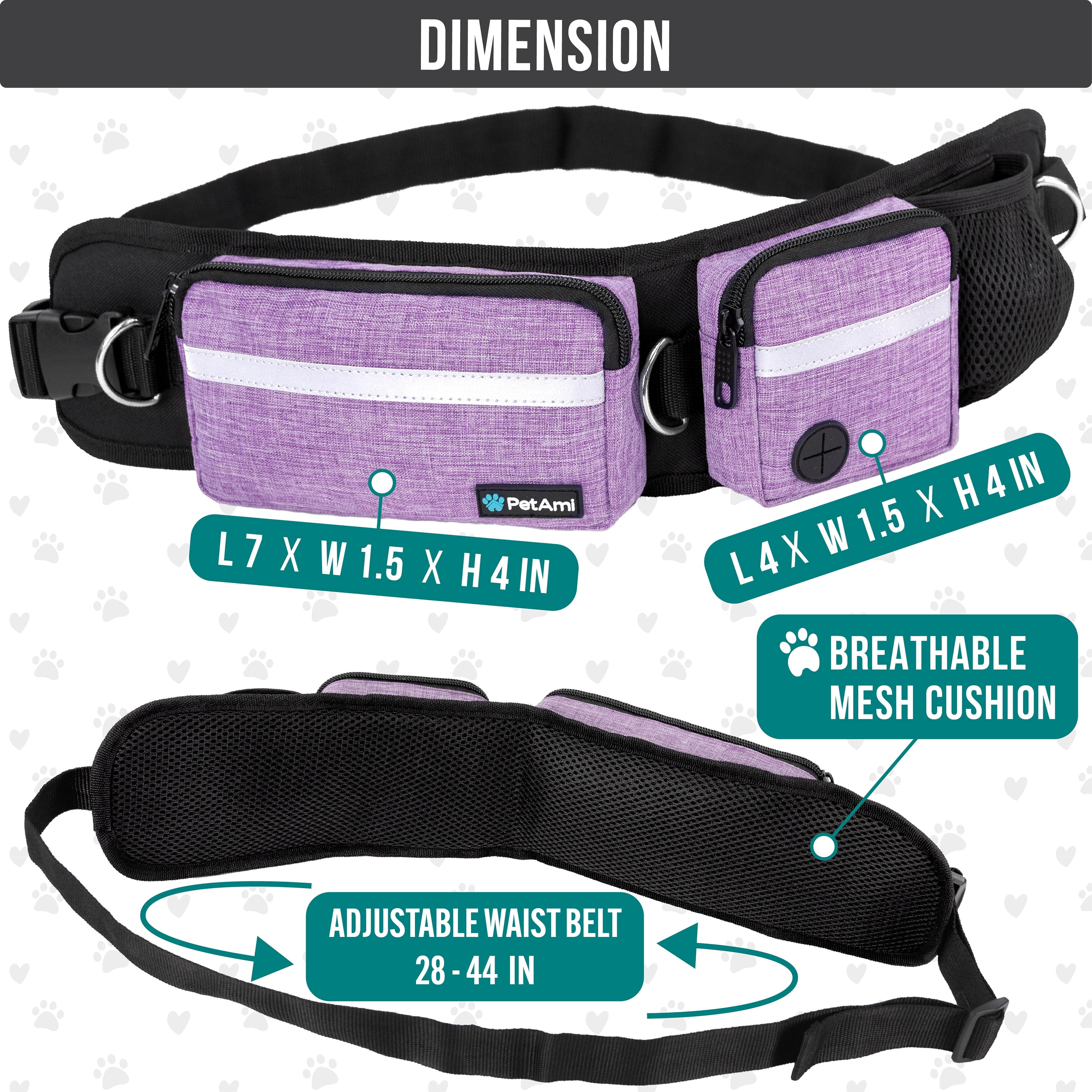 PetAmi Hands Free Dog Leash, Dog Running Leash Belt Bag for Walking, Jogging, Dog Waist Double Zipper Pouch with Poop Bag Dispenser, Dual Padded Handles Reflective Bungee Leash, Double (Purple)