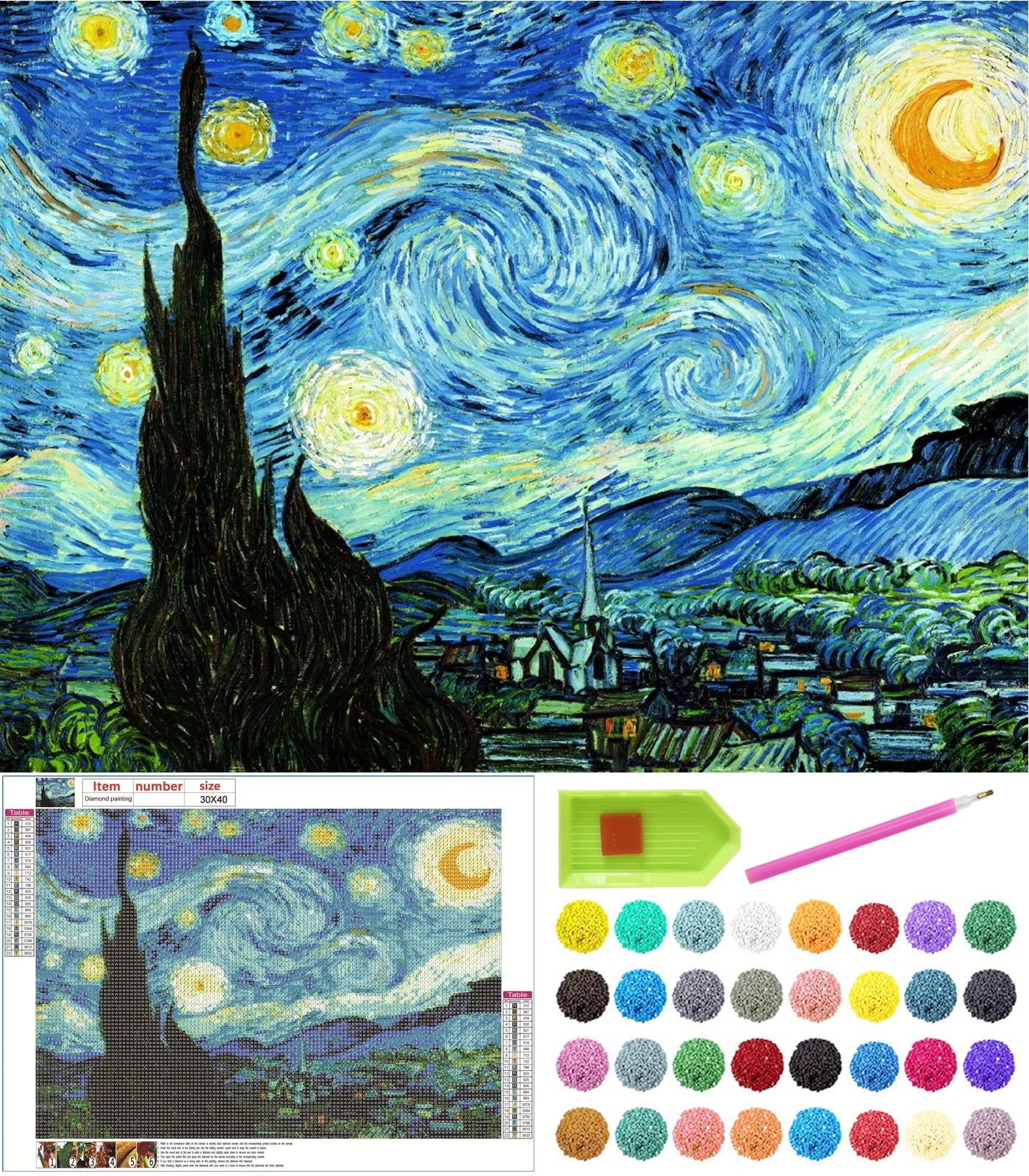 YEESAM ART 5D Diamond Painting Kit - Van Gogh Starry Night 25x30cm Full Drill Diamond Art
