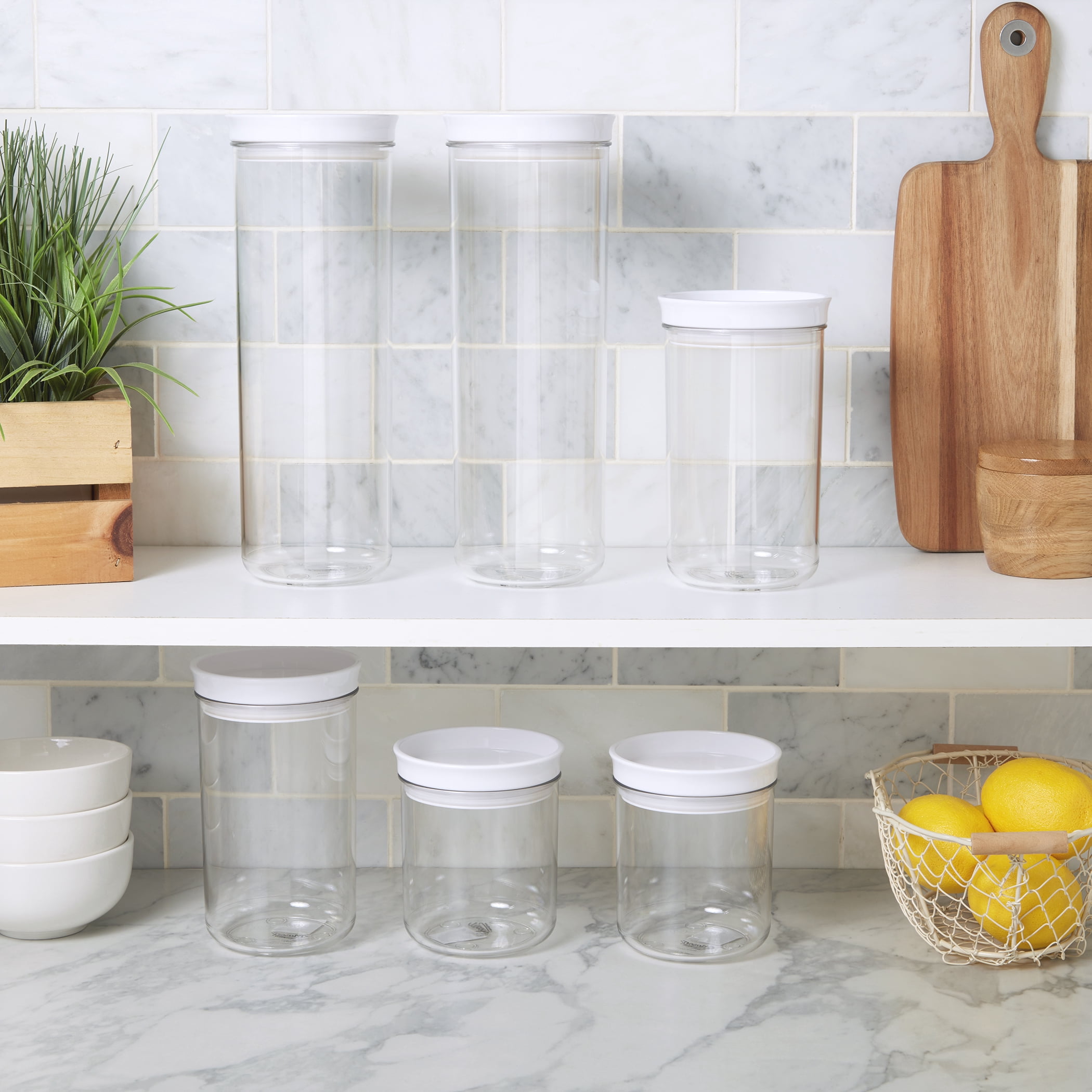 Mason Craft & More 6 Piece Clear Plastic Tall Food Storage Canisters Containers Set Airtight Dishwasher Safe, 18 oz. / 29 oz. / 51 oz.