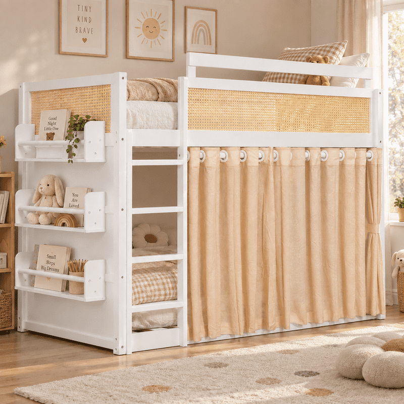 Twin Size Bunk Bed with 3-Tier Storage Shelf, Rattan-Style Design, Privacy Curtains and Built-In Light Strip, Modern Wood Twin Over Twin Bunk Bed Frame with Ladder for Kids Teens