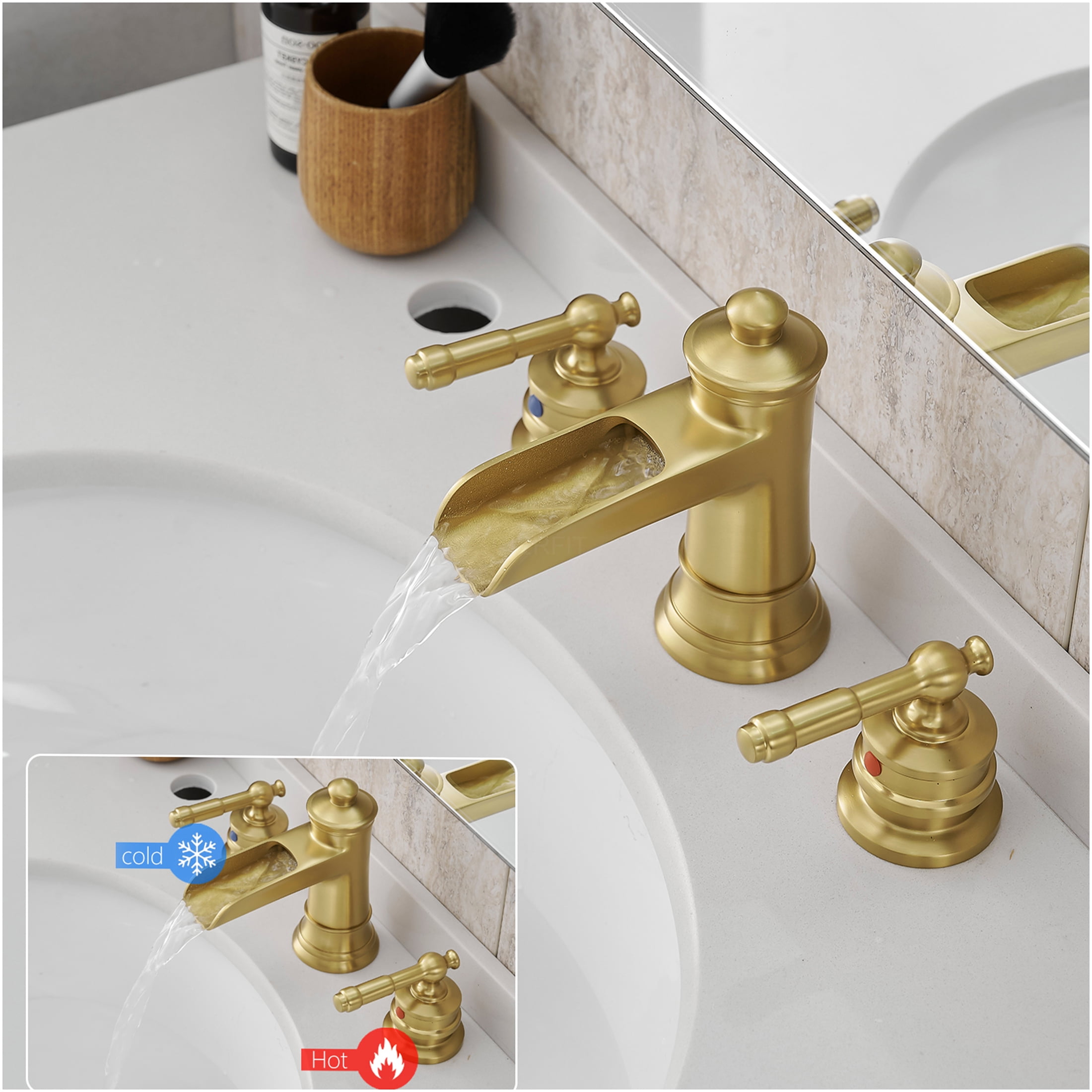 JERFIT 8-inch Widespread Bathroom Faucet with Pop-Up Drain, Brushed Gold 3-Hole Vanity Sink Faucet, Solid Brass Double Handle Mixer Tap