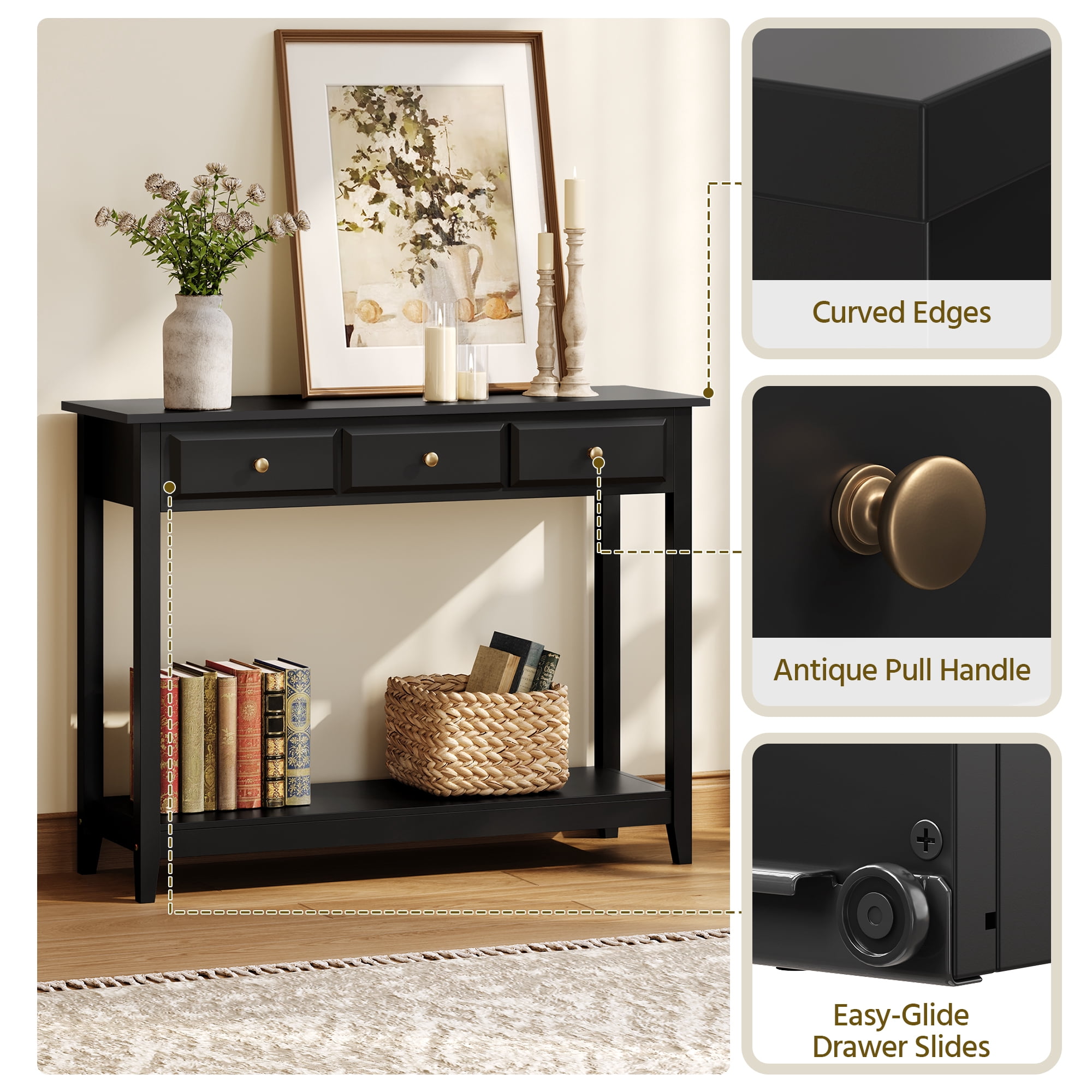 Alden Design 3-Drawer Wooden Console Table with Storage Shelf for Entryway, Black