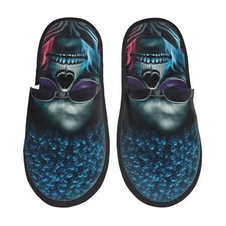 

Qekee Punk Style Blue Haired Skull print Slippers for Women and Men Fluffy Cute Cozy House Slipper Funny Furry Bedroom Slippers for Women Indoor -Large