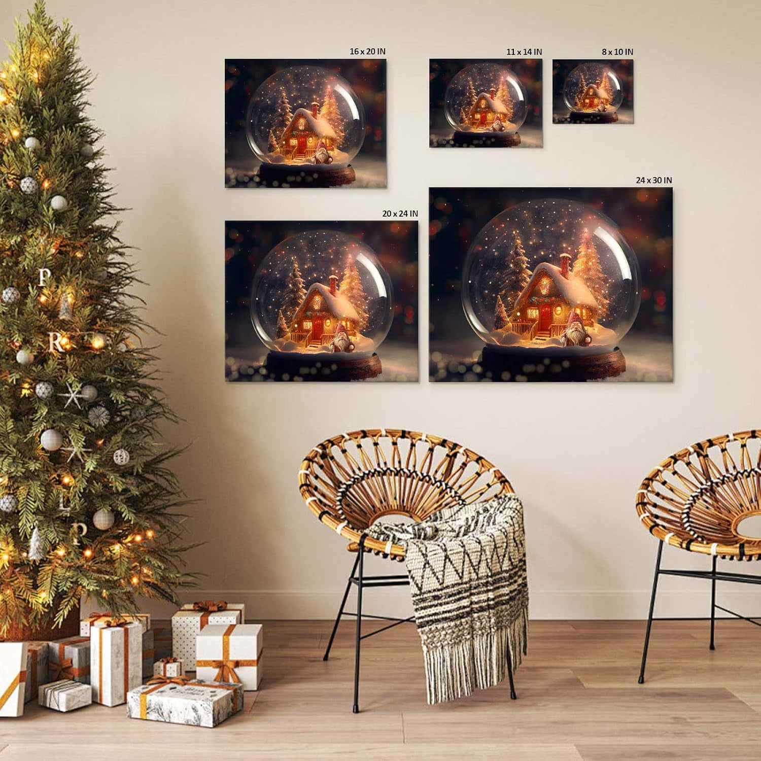 Christmas canvas wall art decor, Festive Cabin with Santa Canvas Print, Winter Holiday Decor for Living Room, Bedroom or Office, Adds a Magical Christmas Atmosphere to Your Home 24X30inch