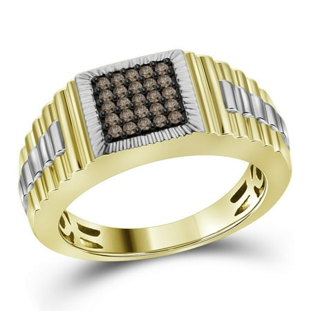 Courvoisier Vs Cognac - 10kt Yellow Gold Mens Round Cognac-brown Colored Diamond Square Cluster Ribbed Ring (.25 cttw.)