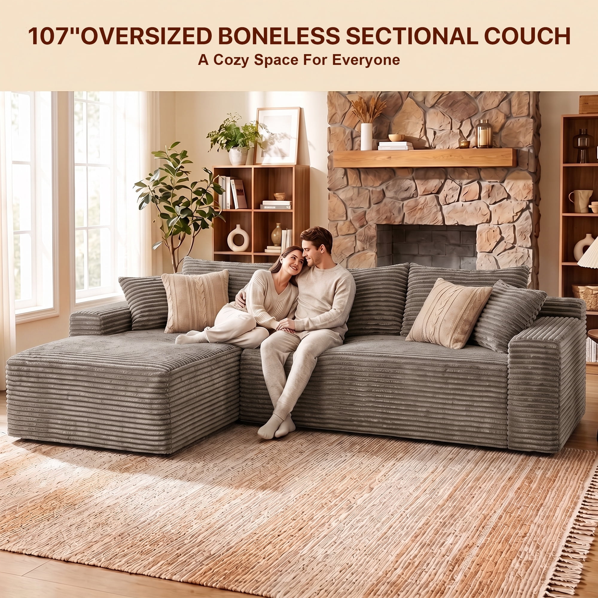 Aukfa 108" Cloud Sectional Sofa Deep Seat Boneless Couch Modular L-Shaped Couch, Left Chaise Corduroy Sofa for Living Room, Brown