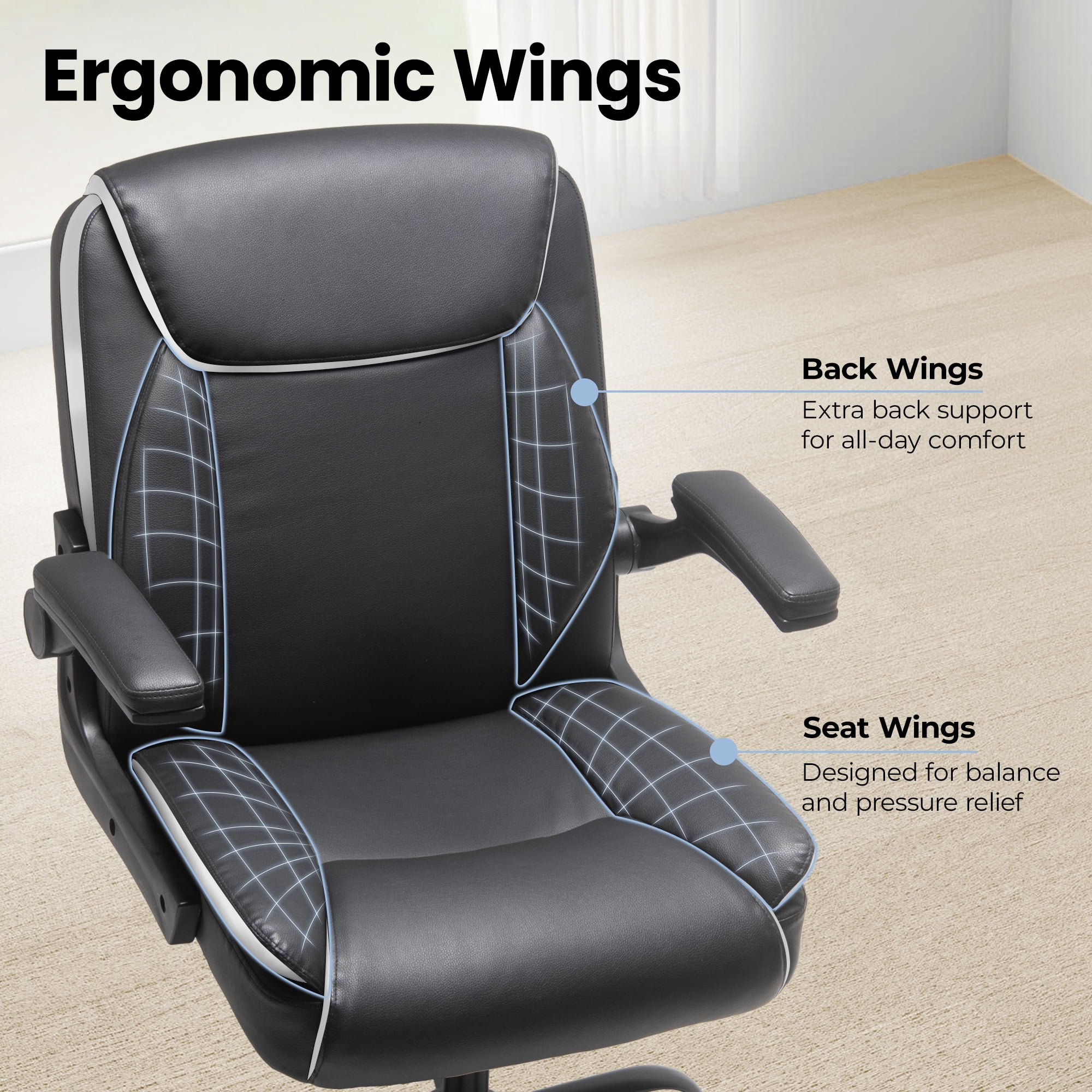 CELTOSS Leather Office Chair, Ergonomic Executive Chair with Padded Flip-Up Armrests, Mid-Back PU Computer Desk Chair, Black