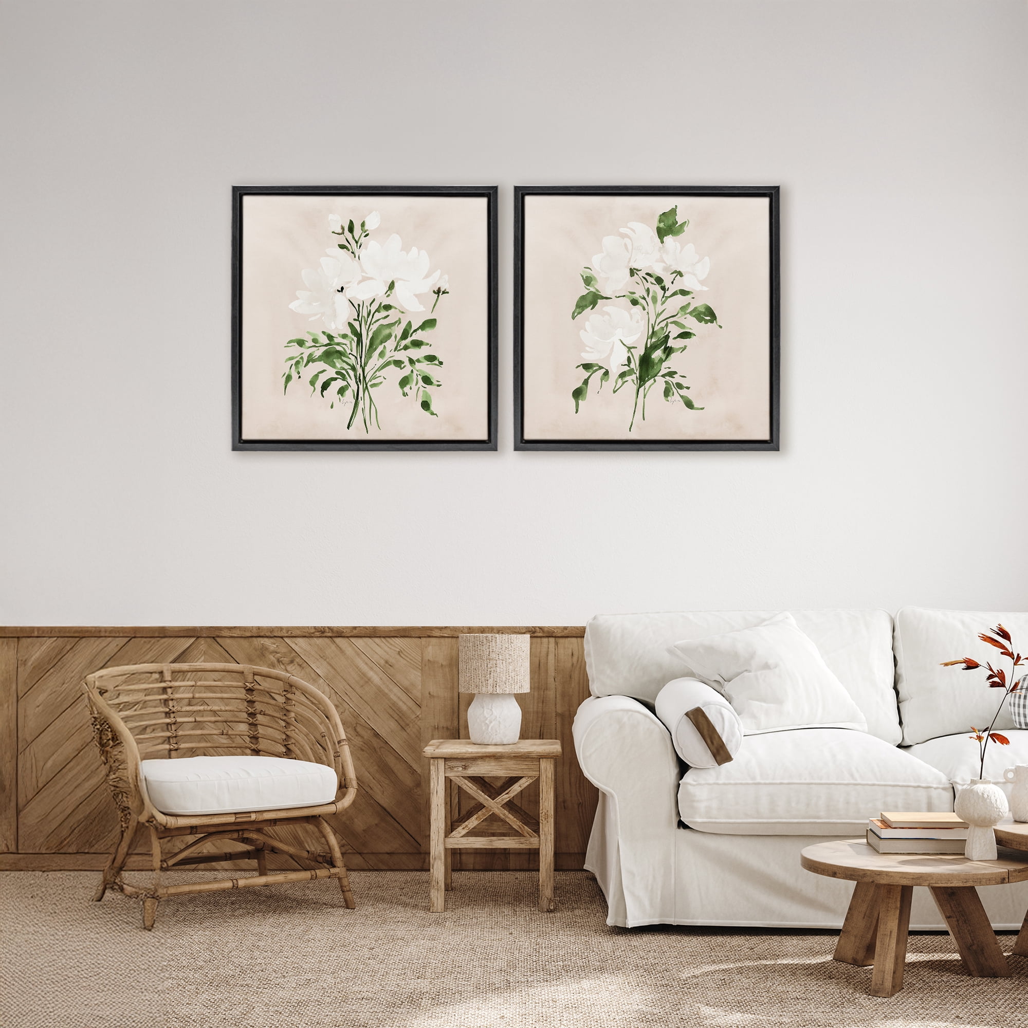 Stupell Industries White On Tan Botanicals 2 Piece Black Framed Floater Canvas Set, design by Lucille Price