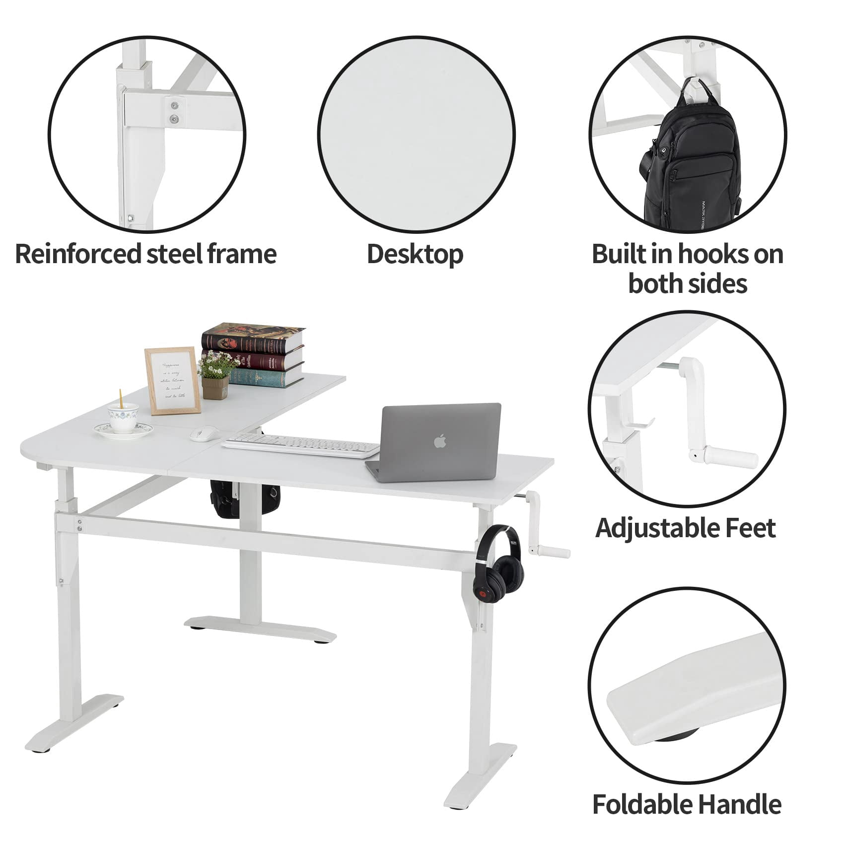 UNICOO® L Shaped Crank Height Adjustable Standing Desk, Sit to Stand up Corner Desk, L-Shaped Standing Workstation (XJH-LC-White-2 Packages)