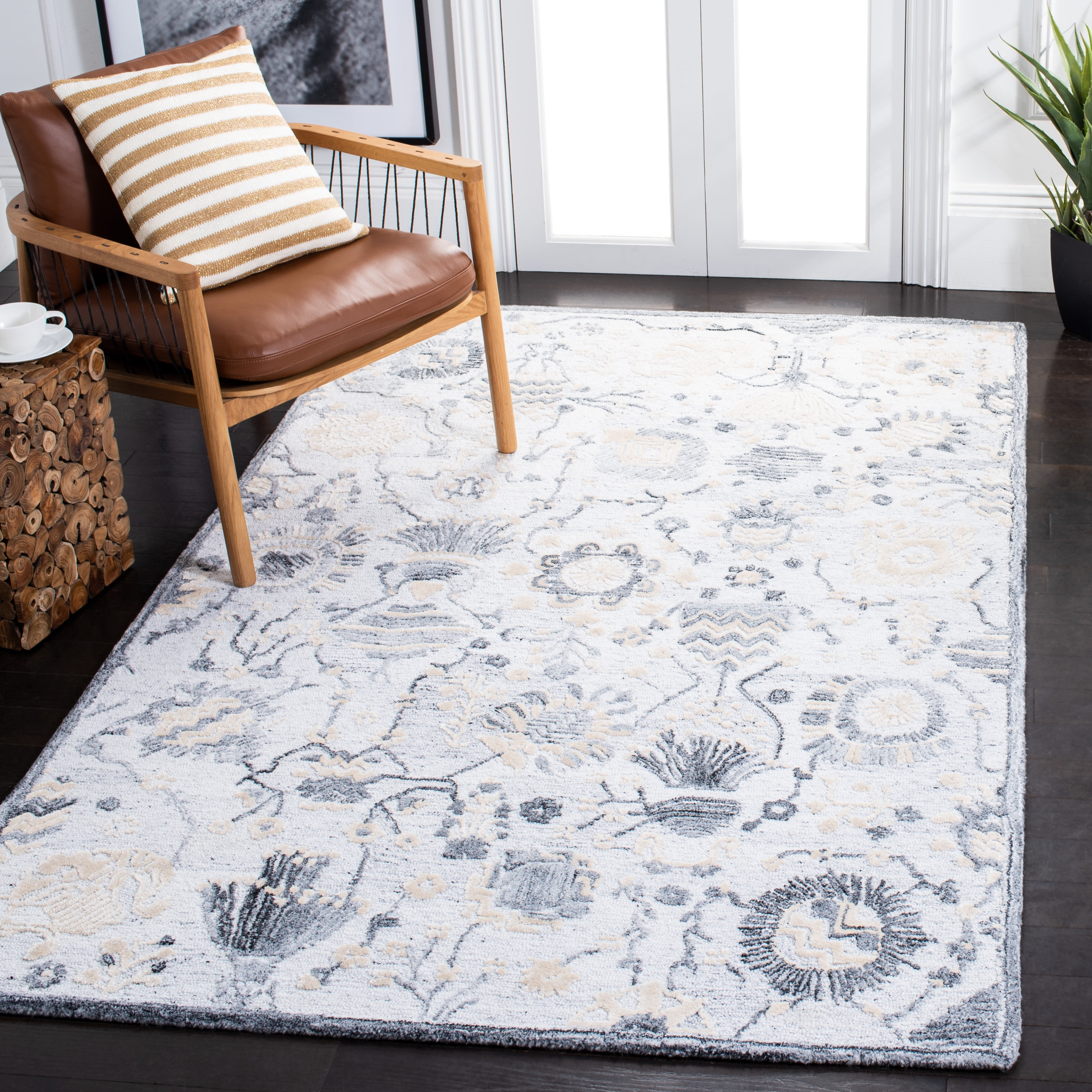 SAFAVIEH Glamour Quinten Floral Area Rug, Ivory/Grey, 6' x 6' Square