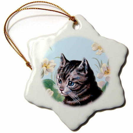 Garden Cat Ornaments 3dRose Cute grey kitten - vintage art tabby cat with sweet blue eyes in garden - white flowers - gray kitty - Snowflake Ornament, 3-inch ()