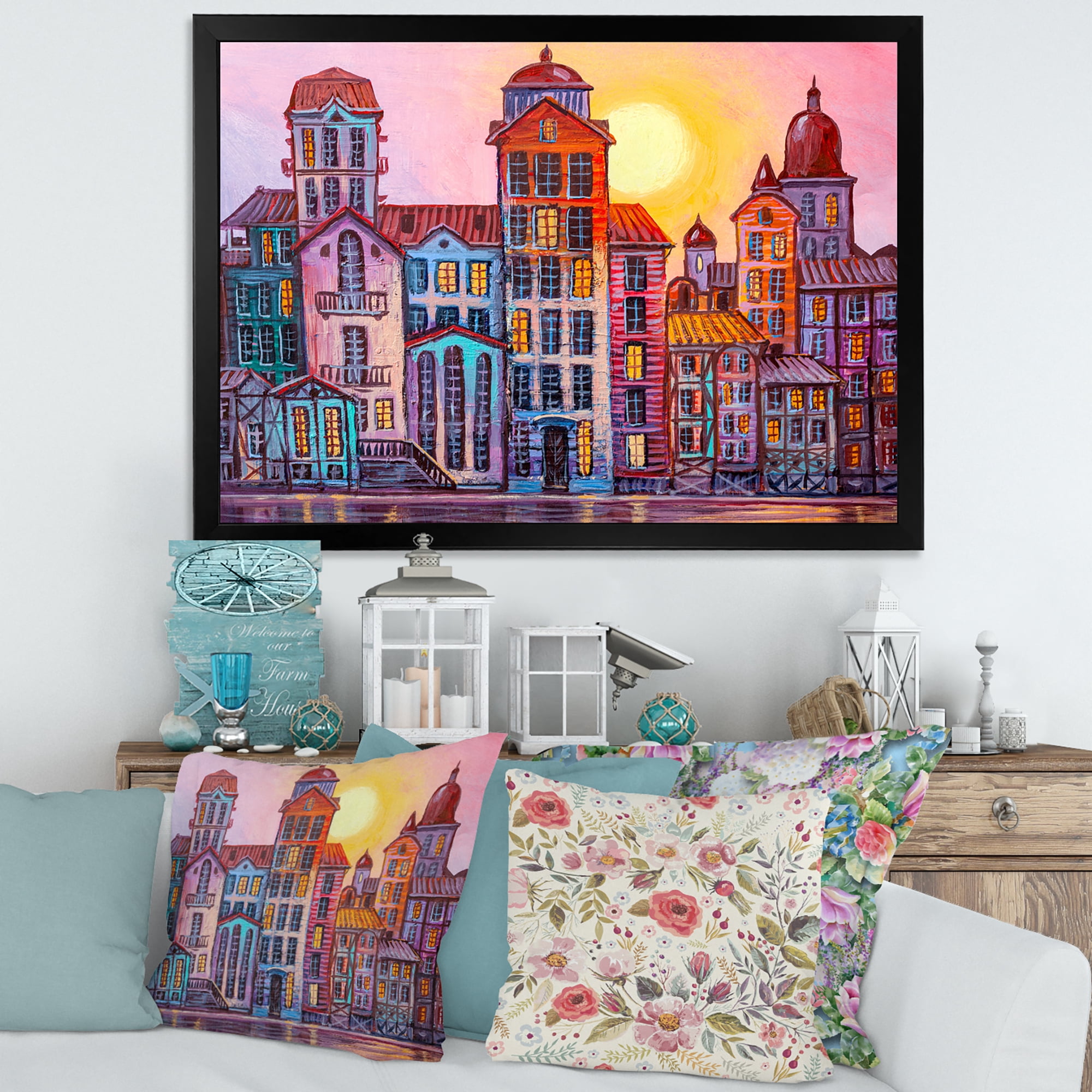Designart 'Afternoon Street Scene In Old Town With Colorful Buildings' Mid-Century Modern Framed Art Print
