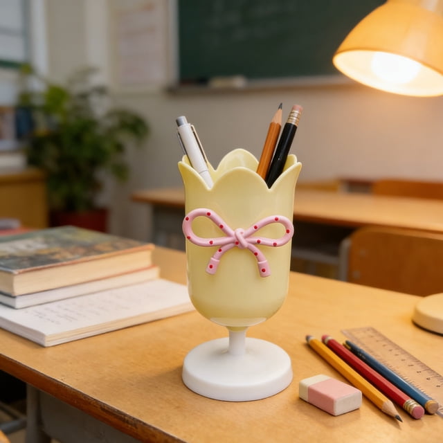 Vaso portalápices tulipán con lazo, organizador de escritorio macaron para estudiantes, brochas de maquillaje y material de oficina