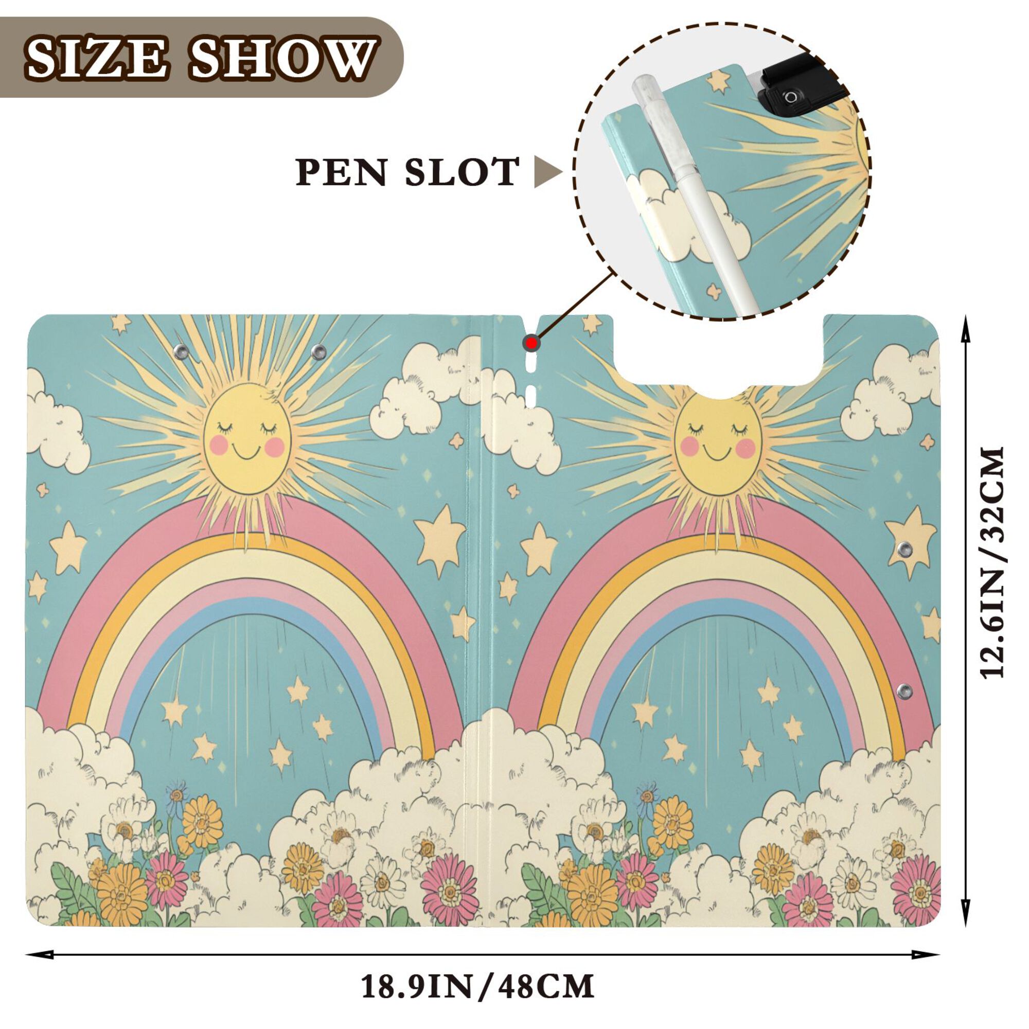 FORMRS A4 Clipboard Folder with Pen Holder Horizontal Foldable School Office Binder, Retro Beige Rainbow