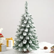 18 Pre-lit Mini Christmas Tree, Snowy Small Xmas Tree with LED Lights, Wood Base Flocked Artificial Lighted Tabletop Christmas Tree for Home Office Desktop Decor