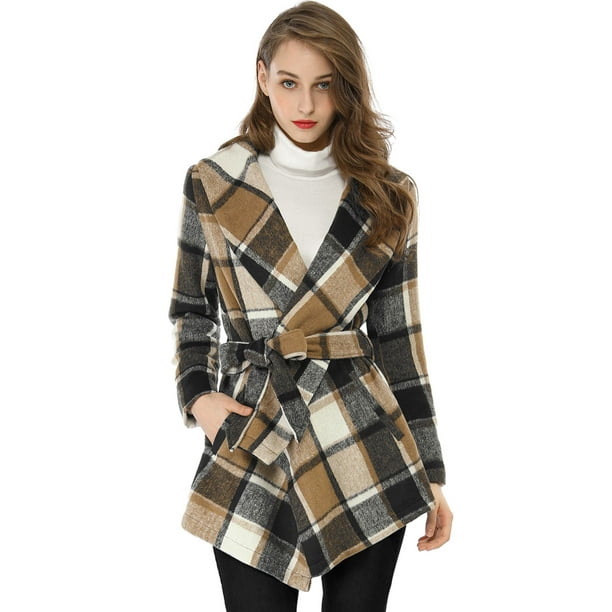 Unique Bargains - Allegra K Women's Belted Plaids Wrap Coat Brown (Size ...