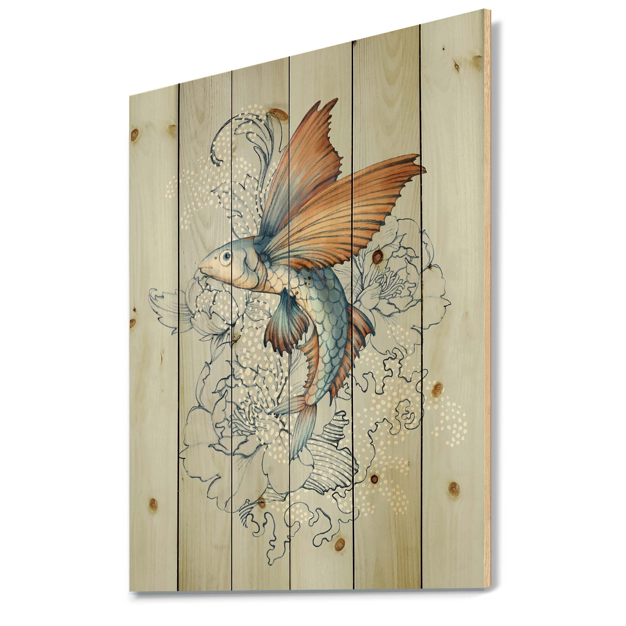 Designart 'Flying Fish and Peonies' Traditional Print on Natural Pine Wood