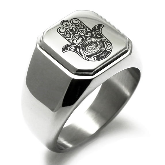 Stainless Steel Crescent Hamsa Hand of Fatima Engraved Square Flat Top Biker Style Polished Signet Ring