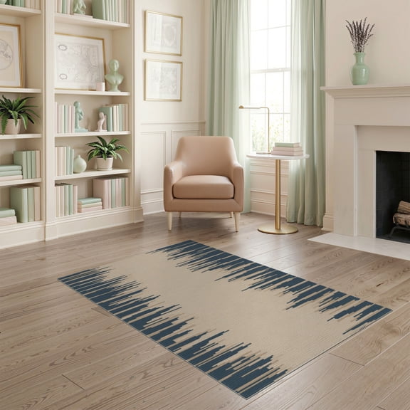 ODIKA 4'x6' Navy Beige Geometric Striped Contemporary Washable Area Rug Modern Abstract Pattern with Horizontal Stain Resistant, Low Pile, Easy Care for Dorm Room, Small Living