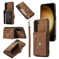 for Samsung Galaxy S23 Case Wallet for Men Women, Removable Adjustable Shoulder Strap & Lanyard Flip PU Leather Slim Back Zipper Purse Magnetic Clasp Case with Card Slot Holder Stand - Brown