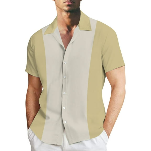 Baqcunre Shirts For Men Mens 3D Digital Printed Stripe Stitching Summer Short Sleeved Shirt Plus Size Casual Shirtirt Graphic Tees Men Tops For Men Beige L