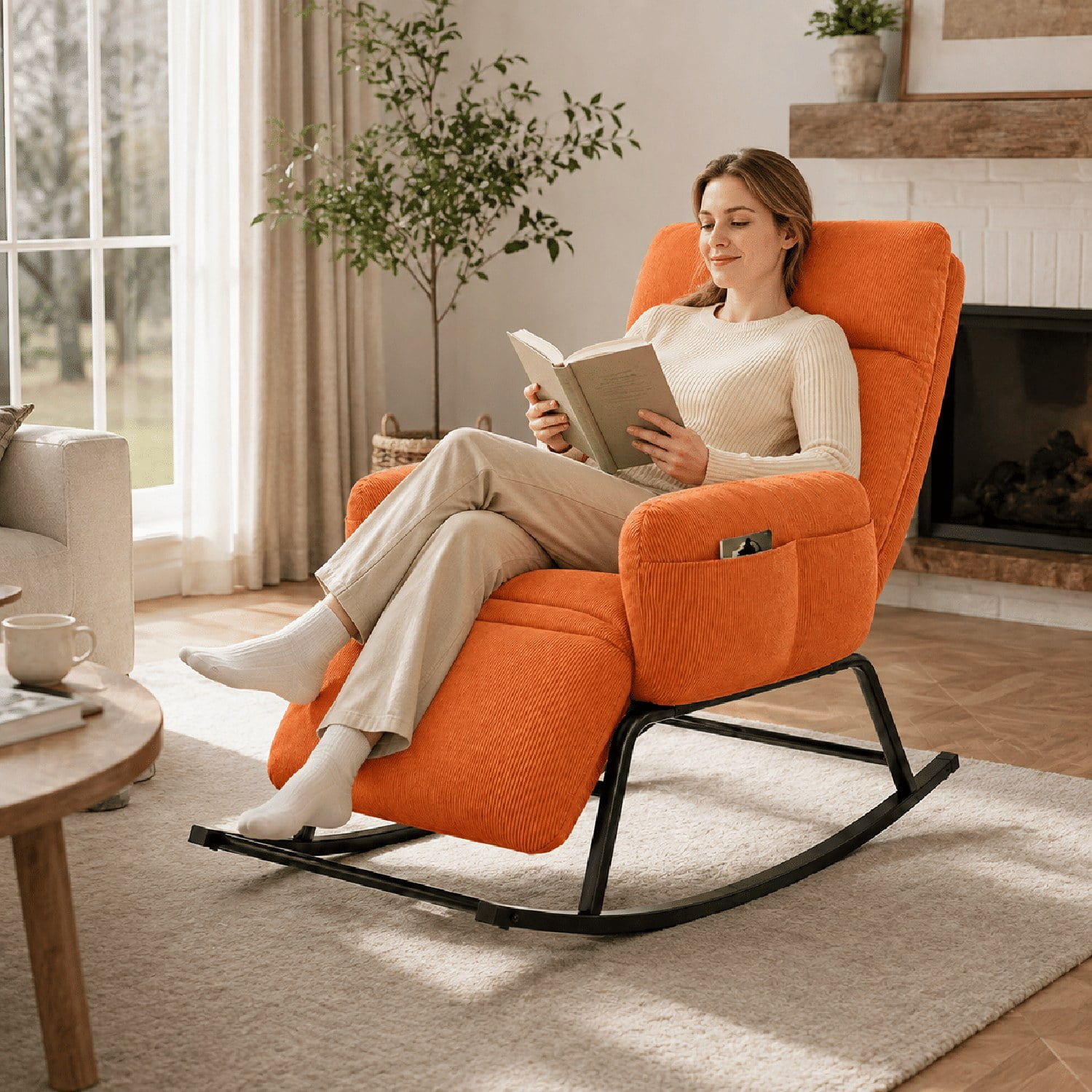 Modern Rocking Chair with Retractable Footrest, Upholstered Lounge Chair with Side Pocket, Soft Plush Fabric, for Living Room, Bedroom, Study, and Patio