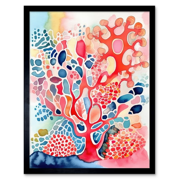 Pink And Blue Coral Folk Art Watercolour Painting Art Print Framed Poster Wall Decor 12x16 inch
