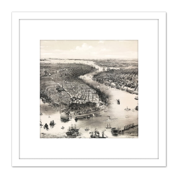 Map Bachmann 1851 Birds Eye View New York Brooklyn 8X8 Inch Square Wooden Framed Wall Art Print Picture with Mount