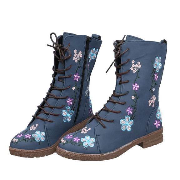 IUJSOY Womens High Top Ankle Boots Lace up Flower Embroidery Booties Round Toe Casual Tall Boots