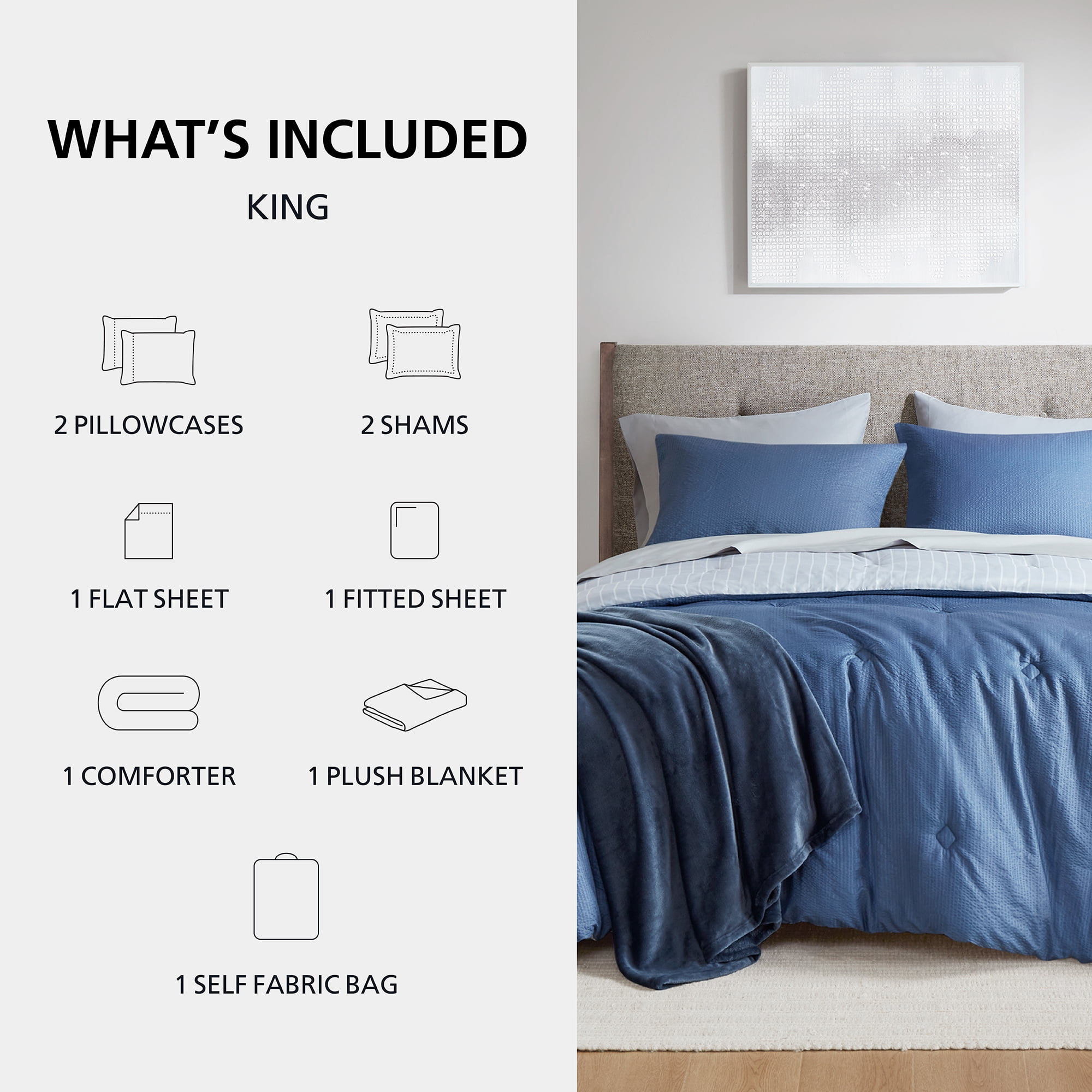 Mainstays 8-Piece Bed in a Bag Comforter Set with Sheets and Blanket, Indigo, King