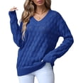 thumbnail image 2 of Women'S V Neck Hollowed Out Sweater Long Sleeve Knit Pullover Sweater Blue S, 2 of 9