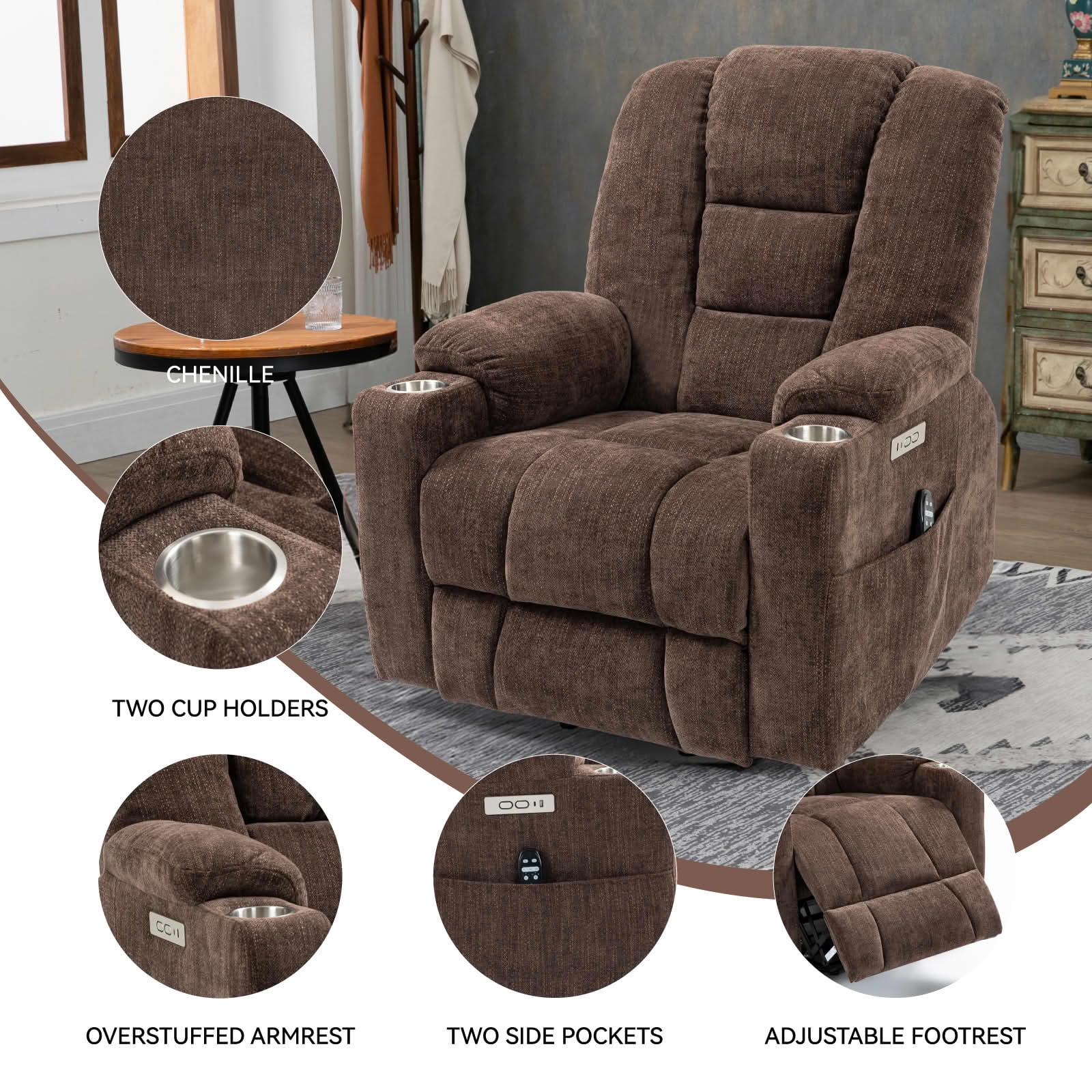 MAYEERTY Black 350lbs Power Lift Recliner Chair, 8-Point Massage Heat USB Cup Holders 40"x36"x45" for Elderly