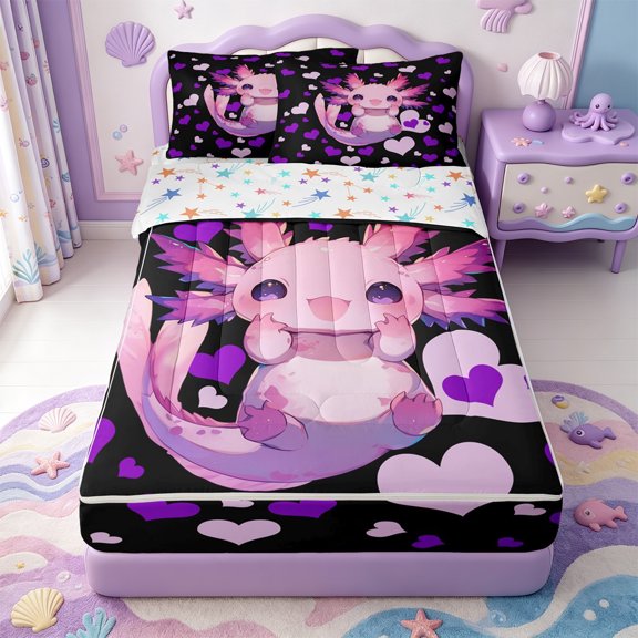 Manfei Ocean-Themed Axolotl Zipper Twin Comforter Sets with Fitted Sheet and 2 Pillowcases,Watercolor Animals Pattern Zipper Bedding Set,Colorful Stars Reversible,4pcs