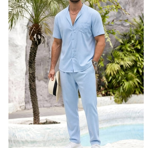 Ceisia Men's Button-Down Two-Piece Set Short Sleeve Shirt and Matching Pants Casual Outfit Light Blue XXL Gifts for Father